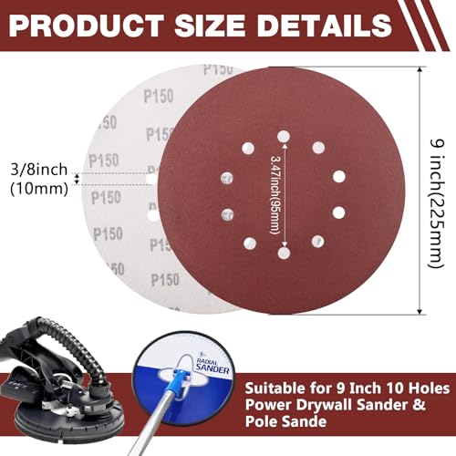 50 Pack 9-Inch 10-Hole Hook-and-Loop Sanding Disc, 150 Grit Aluminum Oxide Drywall Sandpaper for ‎9" Drywall Sander Pads Ceiling Wood Floor - color: 150 GRIT