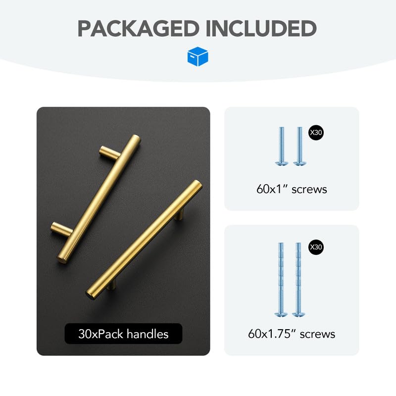 HOME EDIT Gold Cabinet Handles, Drawer Pulls, 4 Inch, 30 Pack - color: Brushed Brass, size: 4 Inch Hole Center