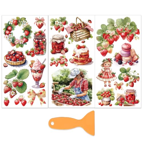OLYCRAFT 3Pcs/Set Strawberry Rub on Transfers for Furniture and Craft 6x12 Inch Desserts Furniture Decal Transfer Stickers Rub on Decal with 1pc Scraper for Scrapbook Window Home Decoration - style: Strawberry