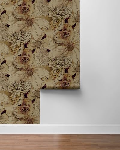 NextWall Harry & Grace Ink Rose Abstract Floral Peel and Stick Wallpaper (Metallic Bronze & Wine) - color: Metallic Bronze & Wine