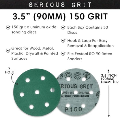 Serious Grit - 3.5" (90mm) 7-Hole P150 Grit Sanding Discs - 50 Pack Box - size: 150 Grit