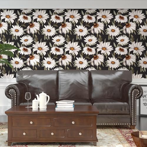 Laatse Dark Daisy Floral Peel and Stick Wallpaper 17.5" × 118", White/Black - color: Black,Green, size: 118" x 17.5"