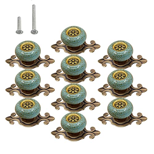 HUAMULAN 10 Pack Ceramic Knobs Leopard Dresser Cabinet Pulls with Backplate - color: A7-BaoLan-10PACK