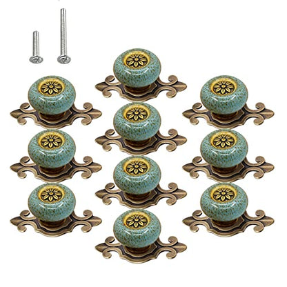 HUAMULAN 10 Pack Ceramic Knobs Leopard Dresser Cabinet Pulls with Backplate - color: A7-BaoLan-10PACK