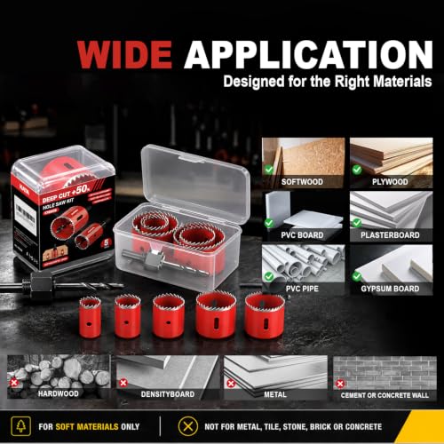 KATA 8PCS Hole Saw Kit 1"-2-1/8" Deep Cut 48mm for Wood, Plastic, Drywall - color: 8PC-Red Deep Cut Hole Saw Kit