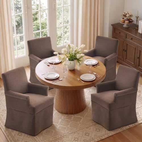 Arm Dining Chair Fabric Long Skirt Slipcovered High Back Upholstered Dinner - color: Brown, size: 2 PCS