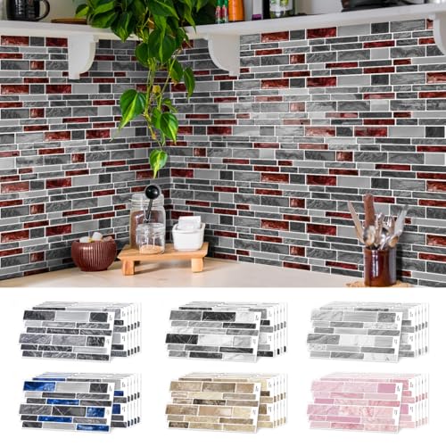 Peel and Stick Backsplash Wall Tiles 20pcs Red Gray 9.68"x4.72" - color: D-htp-05-hzw