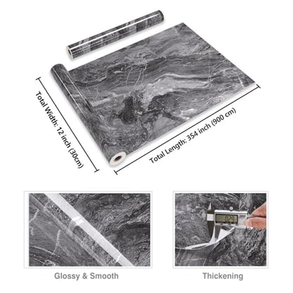 CRE8TIVE Dark Grey Silver Marble Contact Paper Waterproof 12"x354" Slate Marble Wallpaper Peel and Stick Countertops Self Adhesive Removable Kitchen Wallpaper Marble Vinyl Roll for Tables Shelf Liners - color: Glossy Dark Grey Silver, size: 12" x 354"