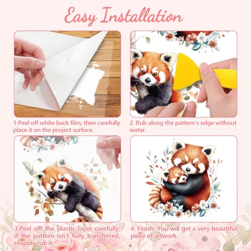 Peacoblue Red Pandas, Flowers Rub On Transfers for Furniture Craft 6"x12" - style: Red Pandas with Flowers