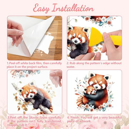Peacoblue Red Pandas, Flowers Rub On Transfers for Furniture Craft 6"x12" - style: Red Pandas with Flowers