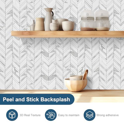 Yipscazo 10 Sheets Herringbone Peel and Stick Backsplash, Marble White Mixed Metal Silver PVC Stick on Tiles for Kitchen, Waterproof Self Adhesive Wall Tiles for Bathroom - color: Marble White