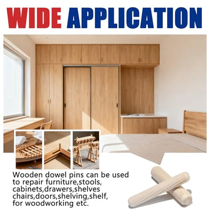 8 Values Wood Dowels Kit 1/4 3/8 5/16 Inch Fluted Wooden Dowel Pins Pegs Hardware Pins Fluted Wood Dowels for Furniture Woodworking DIY Crafts (Pack of 110Pcs)