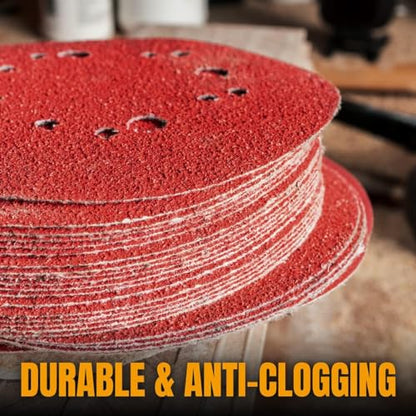 POWERTEC 40/80/120/220/320 Grit, 100 PK, 6 Inch Sanding Discs – Hook and Loop, 6-Hole Aluminum Oxide Orbital Sander Pads, Round Sandpaper for Random Orbital, Air, Pneumatic & DA Sanders (45200)