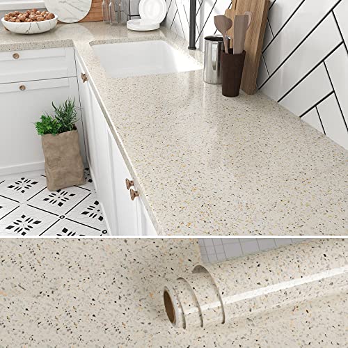 VEELIKE 354''x32'' Wide Cream Beige Granite Contact Paper for Countertops Waterproof Kitchen Countertop Peel and Stick Glossy Marble Wallpaper Peel and Stick Countertop Covers for Bathroom Table Desk - color: Beige, size: 32" x 354"
