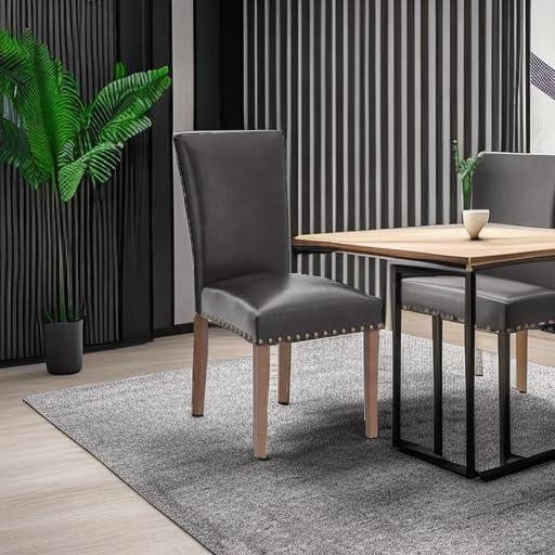 Parsons Dining Chairs Set of 4, Upholstered Nailhead PU Leather Dining Room Kitchen Side Chair with Thick Cushions and Wood Legs, Dark Brown - color: Dark Brown, size: set of 4