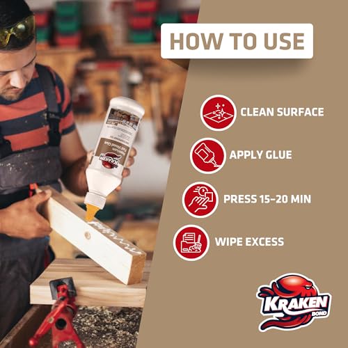 Kraken Bond D4 Fast Drying Wood Glue - (2x13.5 fl.oz.) Marine Grade Waterproof Polyurethane Glue for Outdoor, Boat, Furniture, Woodworking, Carpentry, Heavy Duty Marine Carpet Glue - 2 Pack - size: 2 Pack, style: D4 Marine Wood Glue