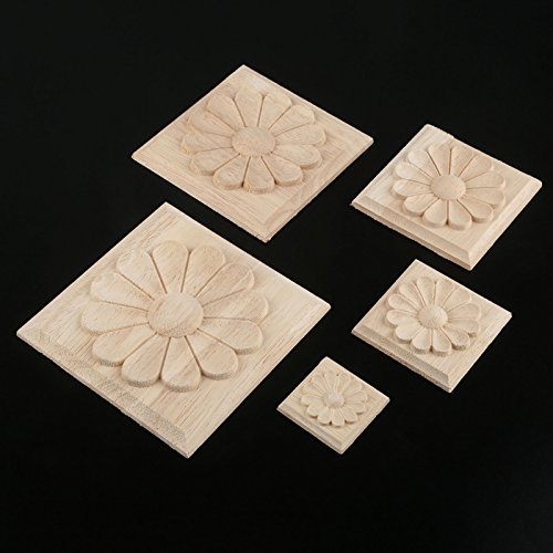 4Pcs Wood Carved Appliques Onlays, Square Carving Decals for Furniture - size: 3.94 x 3.94 inches
