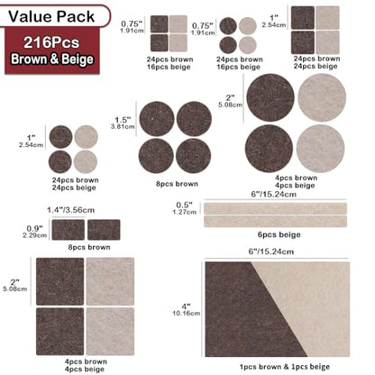 Yelanon Felt Furniture Pads for Hardwood Floors -216 Pcs Premium Felt Pads for Chair Legs, Floor Protectors for Furniture, Beige & Brown (Pack of 2) - size: 216 pcs Beige & Brown (Pack of 2)