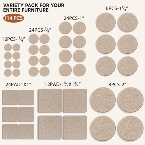 Felt Furniture Pads 114 PCS, 7 Sizes, Felt Pads for Chair Legs, Suitable for Round and Square Chair Legs, to Prevent Scratches, Reduce Noise and Protect the Floor (Beige)
