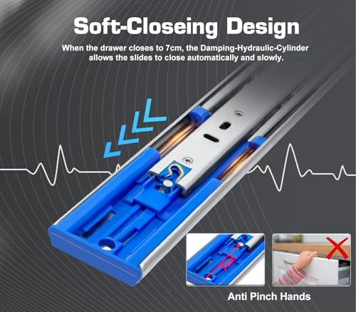 22 Inch 200lbs Soft Close Heavy Duty Drawer Slides, Side Mount Rails Full Extension Ball Bearing Cabinet Tool Box Runners Tracks Glides (1 Pair, with M4 Screws) - size: 22 Inch, style: 200LB/W:51mm(soft close)