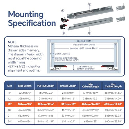 ToBeGreat 15 Inch Undermount Soft Close Drawer Slides - Full Extension - color: Soft Close-6 Pair, size: 15 Inch