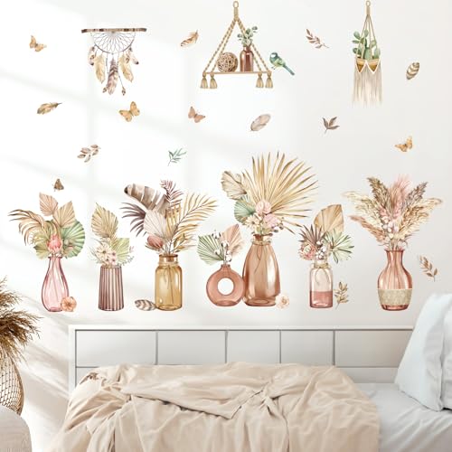decalmile Boho Palm Leaves Flower Vase Tropical Plants Wall Decals Stickers - color: Boho Flower