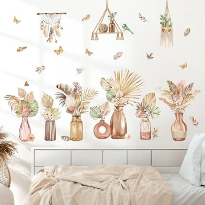 decalmile Boho Palm Leaves Flower Vase Tropical Plants Wall Decals Stickers - color: Boho Flower