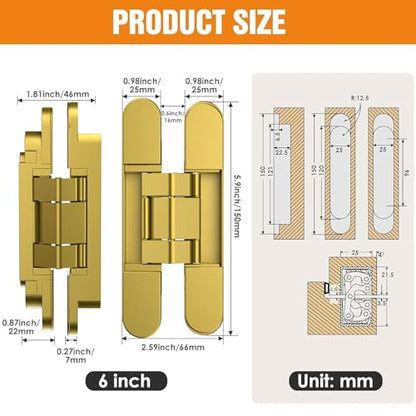 6" Hidden Door Hinge/Concealed Hinges,Invisible Hinges - color: Gold, size: 6 Inch