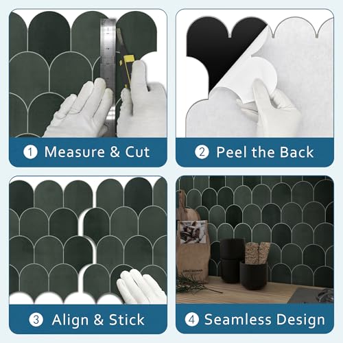 10-Sheet Fish Scale Peel and Stick Backsplash Tile, 11.4" x 10.9" Stone Composite Scallop Handmade Looks Self-Adhesive Wall Tiles for Kitchen Bathroom, Green Mixed - color: Green Mixed, size: Fish Scale