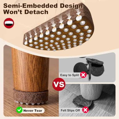 Felt Furniture Pads for Hardwood Floors - Non Slip Chair Leg Protectors with Silicone Gripper Dots - 0.2" Extra Thick Floor Protection for Dining Tables & Chairs, 1 Inch Round, 48 Pack, Brown