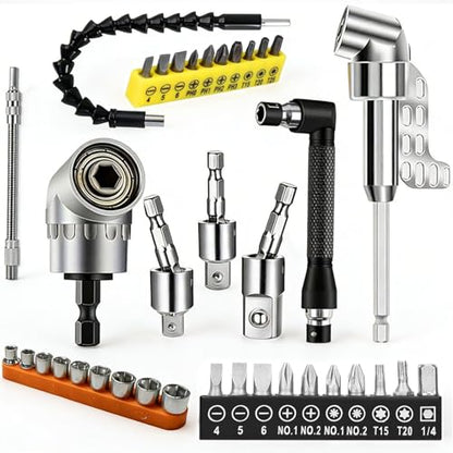 37Pcs Flexible Drill Bit Extension right angle drill attachment Include 90 degree Bits drill attachment Hex Shank 105° Right Angle Drill Attachment Short Screwdriver Rotatable Socket Adapter - color: 37pcs/Silver