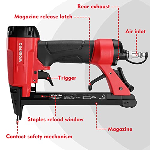 WORKPRO 8016 Pneumatic Staple Gun, 21 Gauge Upholstery Stapler with 1500pcs Staples 1/4" to 5/8", Air-Powered, Rear Exhaust, for Carpentry, Woodworking and DIY Projects - size: 21 Gauge Standard