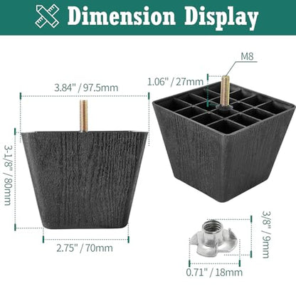 4pcs Plastic Square Legs 3" with T-Nuts, M8-1.25 Thread, Widen - size: 3 Inch Widen, M8-1.25 Metric Thread Bolts
