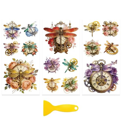 Peacoblue Dragonfly, Gear Clock Rub On Transfers for Furniture Craft 6"x12" - style: Dragonfly with Gear Clock