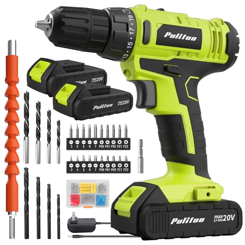 PULITUO'S 20V Cordless Drill/Driver, Electric Screwdriver - 2 Batteries, 30Nm, 21+1 Torque, 2 Speed, Keyless 3/8" Chase Drill with LED Light, Kit for Home (Green) - color: 20v Drill (Green)- Double