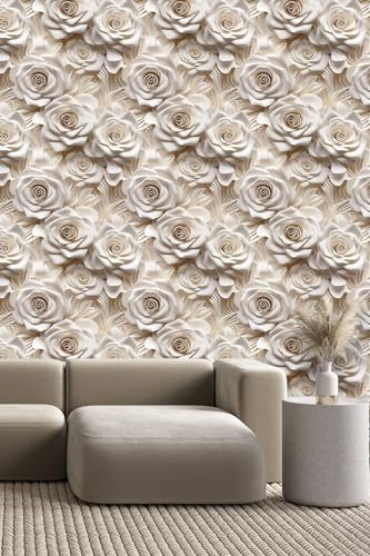 Peel and Stick Wallpaper Beige Rose Floral Feature - color: Cream&Light Brown, size: 17.7" x 393.7"