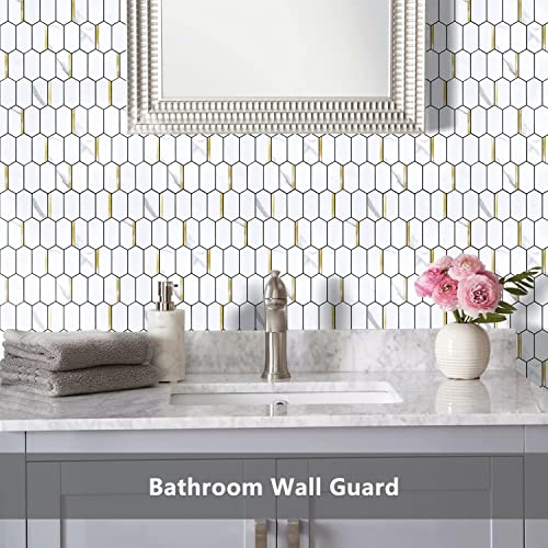 Vamos Tile Long Hexagon Peel and Stick Backsplash Tile - 10 Sheets Stick on Backsplash for Kitchen and Bathroom 12.4 x 12 Inch White Marble Look PVC Mixed Metal Gold Self Adhesive Mosaic Wall Tiles - color: ‎Statuary Marble Look with Gold Metal