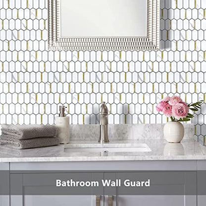 Vamos Tile Long Hexagon Peel and Stick Backsplash Tile - 10 Sheets Stick on Backsplash for Kitchen and Bathroom 12.4 x 12 Inch White Marble Look PVC Mixed Metal Gold Self Adhesive Mosaic Wall Tiles - color: ‎Statuary Marble Look with Gold Metal