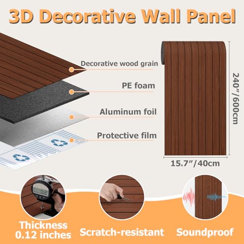Arthome Peel and Stick Slat Wall Panels 15.7 "x240,Self-Adhesive PVC Wood Grain Wallpaper Panel,3D Thick Faux Soundproof Backsplash Accent Wall Tile for Walls & Furniture (Walnut Coverage 26 Sq.ft) - color: Walnut, size: 15.7" x 240"