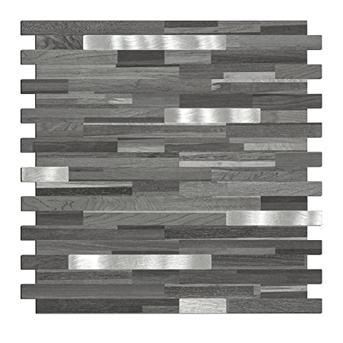 Midcard 10 Sheets Peel and Stick Backsplash PVC Wall Tile,for Kitchen Backsplash - color: Rectangular Black Grey Wood with Metal Silver