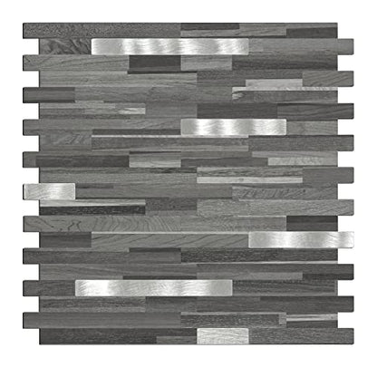 Midcard 10 Sheets Peel and Stick Backsplash PVC Wall Tile,for Kitchen Backsplash - color: Rectangular Black Grey Wood with Metal Silver