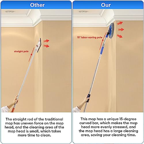 Wall Cleaner, Max 66'' Wall Mop with Long Handle, Ceiling Dust Mop with 15° Labor-Saving Elbow Extension Pole, Baseboard Duster Washer Scrubber, High Reach Window Cleaning Brush, Roof Cleaning Tool-GY - color: Gray