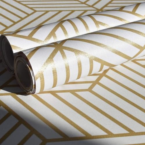 Self Adhesive Liner Vintage Contact Shelf Paper for Dresser Drawers Cabinet Sticker (White and Gold, 17.7 inch x 196 inch) - color: White and Gold