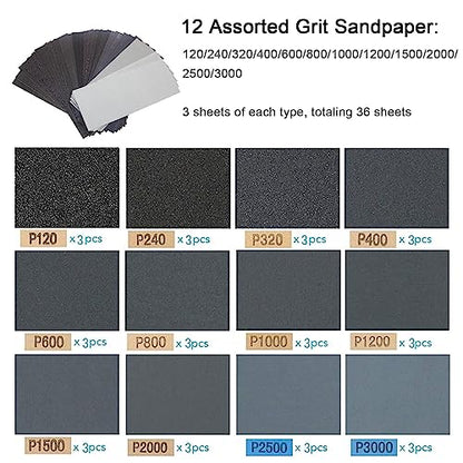 Sandpaper Holder, 36 Pcs Dry & Wet Sandpaper with 1 Pack Hand Sander - size: 1 Handsanders+36 Sandpaper