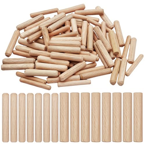 100 Pcs Wooden Dowels Pins Assorted, 2 Sizes, M6 M8 Wood Dowels Pins, 1/4 5/16 Inch Fluted Wood Dowels, Hard Wooden Dowels Grooved Plugs for Crafts, Furniture, DIY, Carpentry, Woodworking (6mm, 8mm)