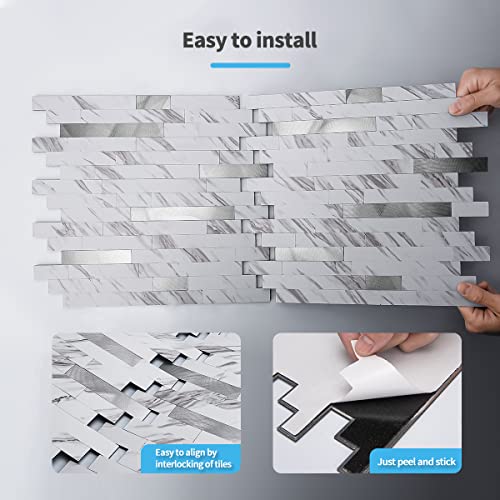 Art3d Faux Stone Peel & Stick Backsplash Tile, 10 pcs, Plain White Marble - color: White Slate with Silver Studded, size: 13.4" x 11.8"