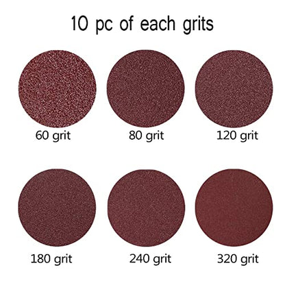 60-Pack 180mm 7" Sanding Discs 60 80 120 180 240 320 Assorted Grits Round Hook and Loop Flocking Sandpaper Orbital Sander Pads