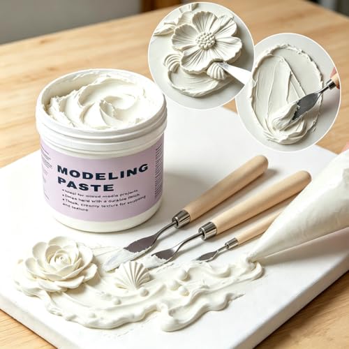 JAJADO 10.14 oz/300ml Acrylic Modeling Paste with 13 Pcs Painting Tools - color: White Modeling Paste+Palette Knife+Scrapers Tools