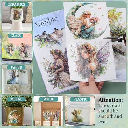 WANDIC 3 Sheets Fairy Rub On Transfers Flower Scrapbook Stickers Elf Window Decals Sprite Waterproof Stickers Pixie Cup Wraps for DIY Furniture Photo Albums,15 * 30cm - color: Flower Elves