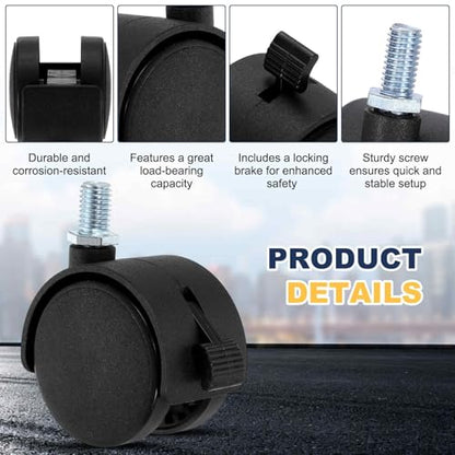 4Pcs 2" Swivel Stem Caster Wheels, M6x15mm Threaded Nylon, Black - size: M6x15mm